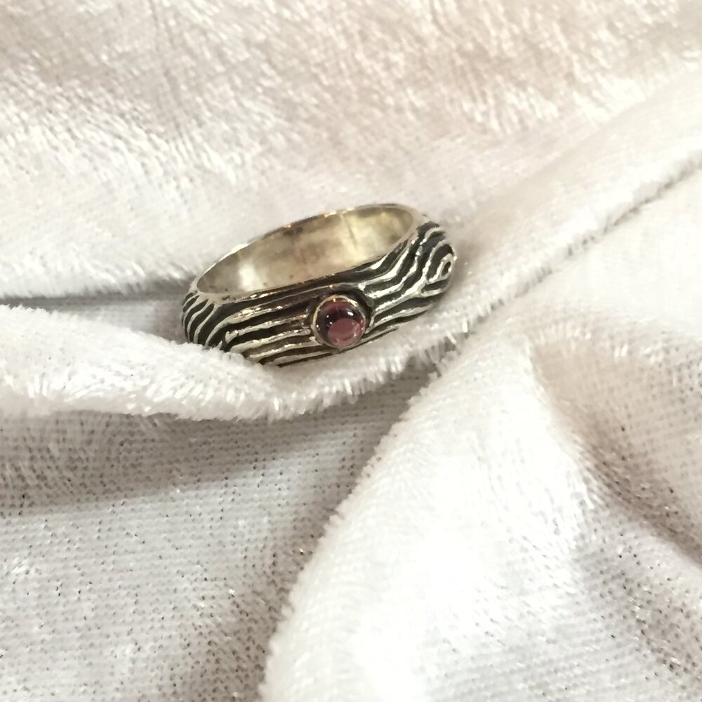 Handmade Sterling And Rose Gold Bark With Rhodolite Garnet ring
